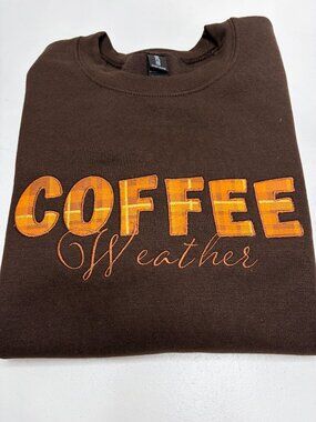 Coffee Weather Sweatshirt Embroidered Text Fall Plaid Applique Autumn Season